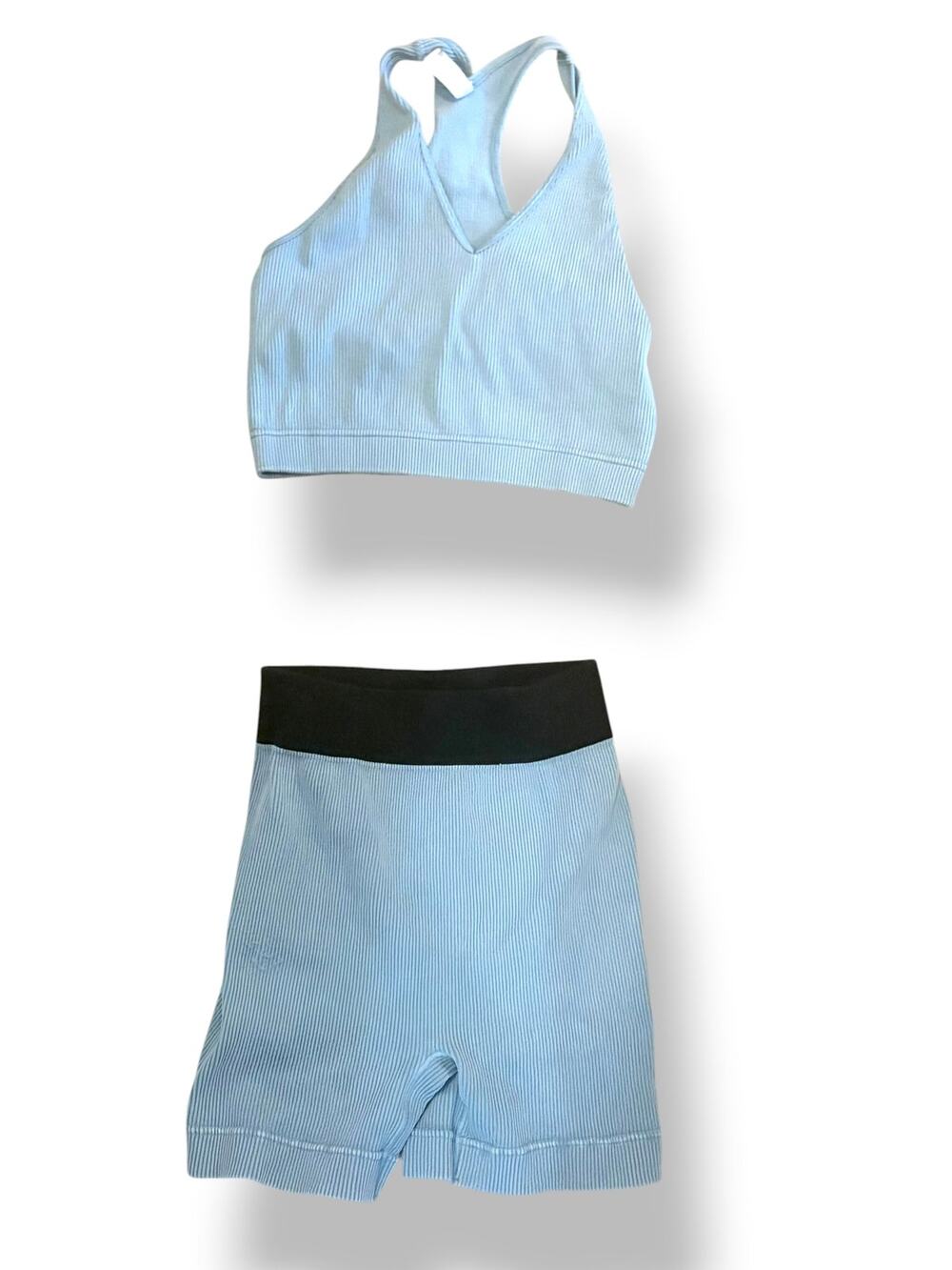 Light Blue Ribbed Sports Bra Biker Shorts Matching Workout Set L/XL
